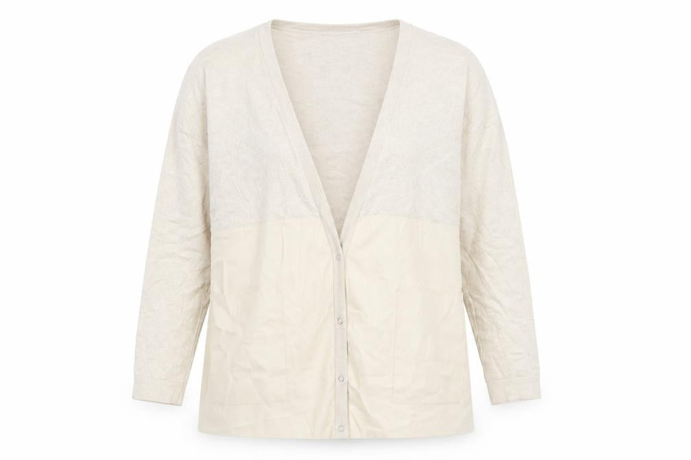 Front view of Zara women’s beige v-neck polyester cardigan jumper, size S