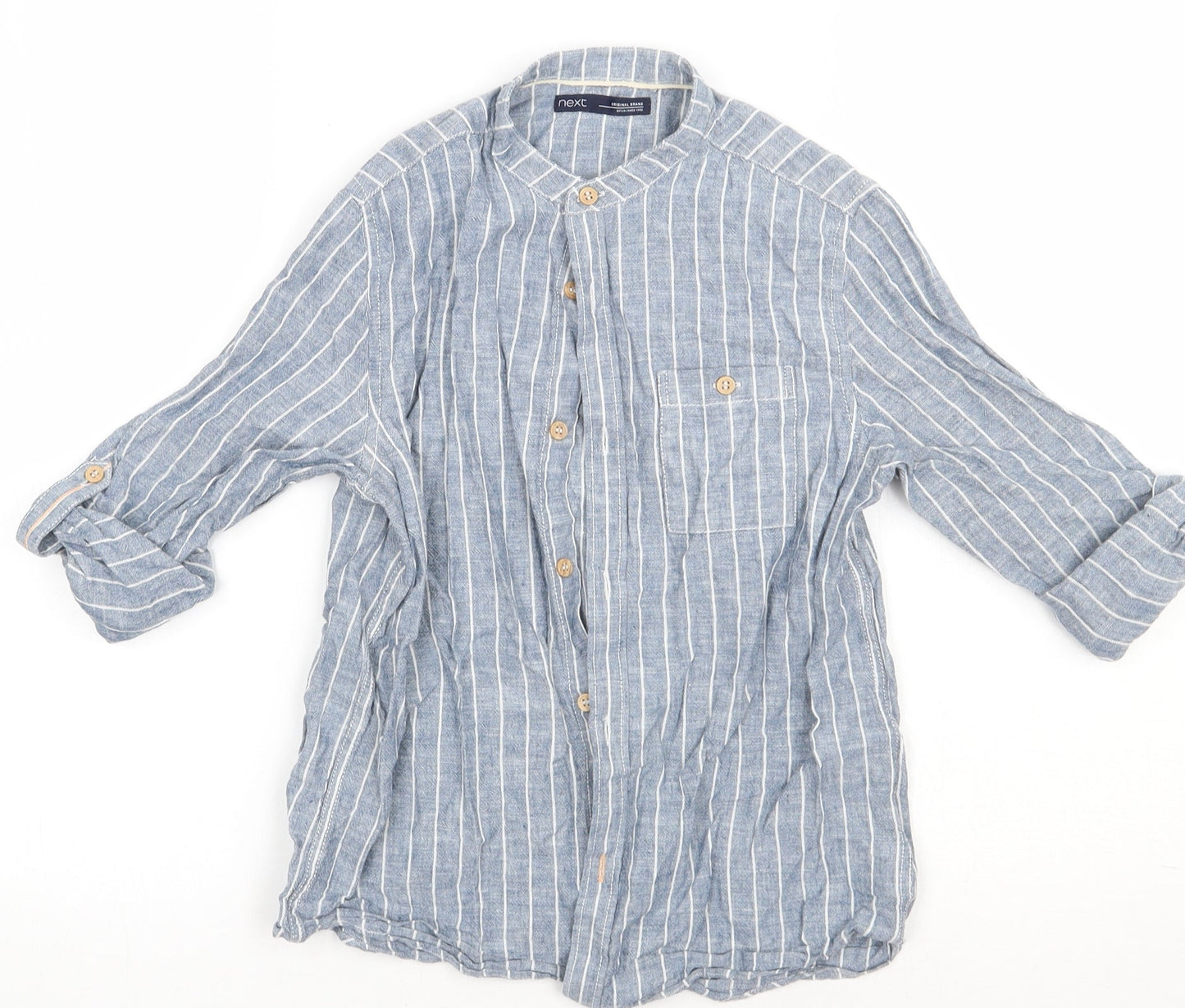 NEXT Girls Blue Striped Linen Basic Button-Up Size 8 Years Crew Neck Button
