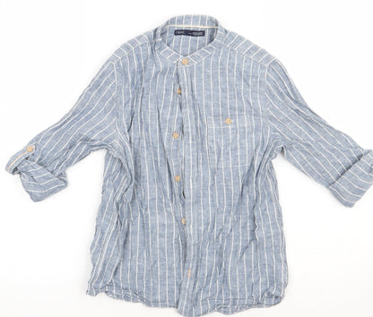 NEXT Girls Blue Striped Linen Basic Button-Up Size 8 Years Crew Neck Button