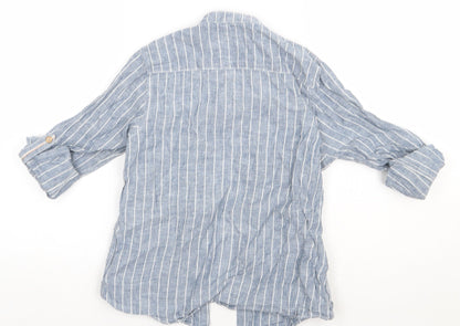 NEXT Girls Blue Striped Linen Basic Button-Up Size 8 Years Crew Neck Button