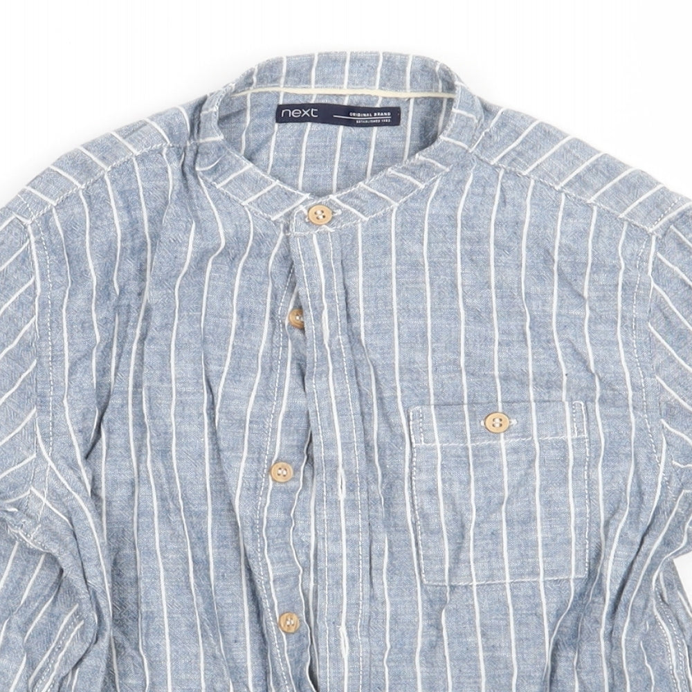 NEXT Girls Blue Striped Linen Basic Button-Up Size 8 Years Crew Neck Button