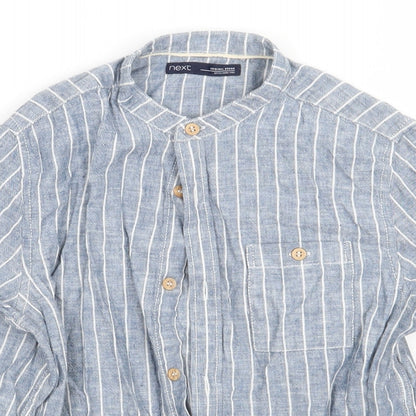 NEXT Girls Blue Striped Linen Basic Button-Up Size 8 Years Crew Neck Button
