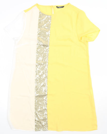 SheIn Womens Yellow Striped Polyester A-Line  Size S  Crew Neck Pullover - Sparkly