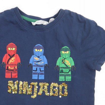 H&M Boys Blue  Cotton Basic T-Shirt Size 3-4 Years Crew Neck Pullover - lego
