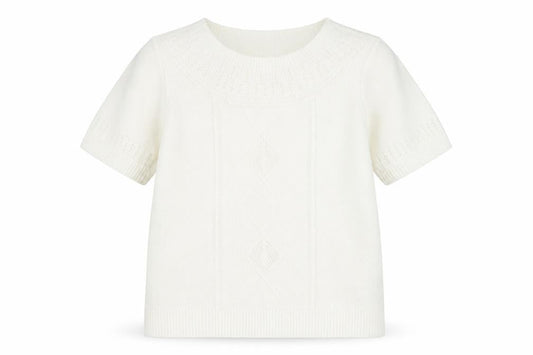 Front view of Afibel women’s white round neck acrylic jumper, size UK 14