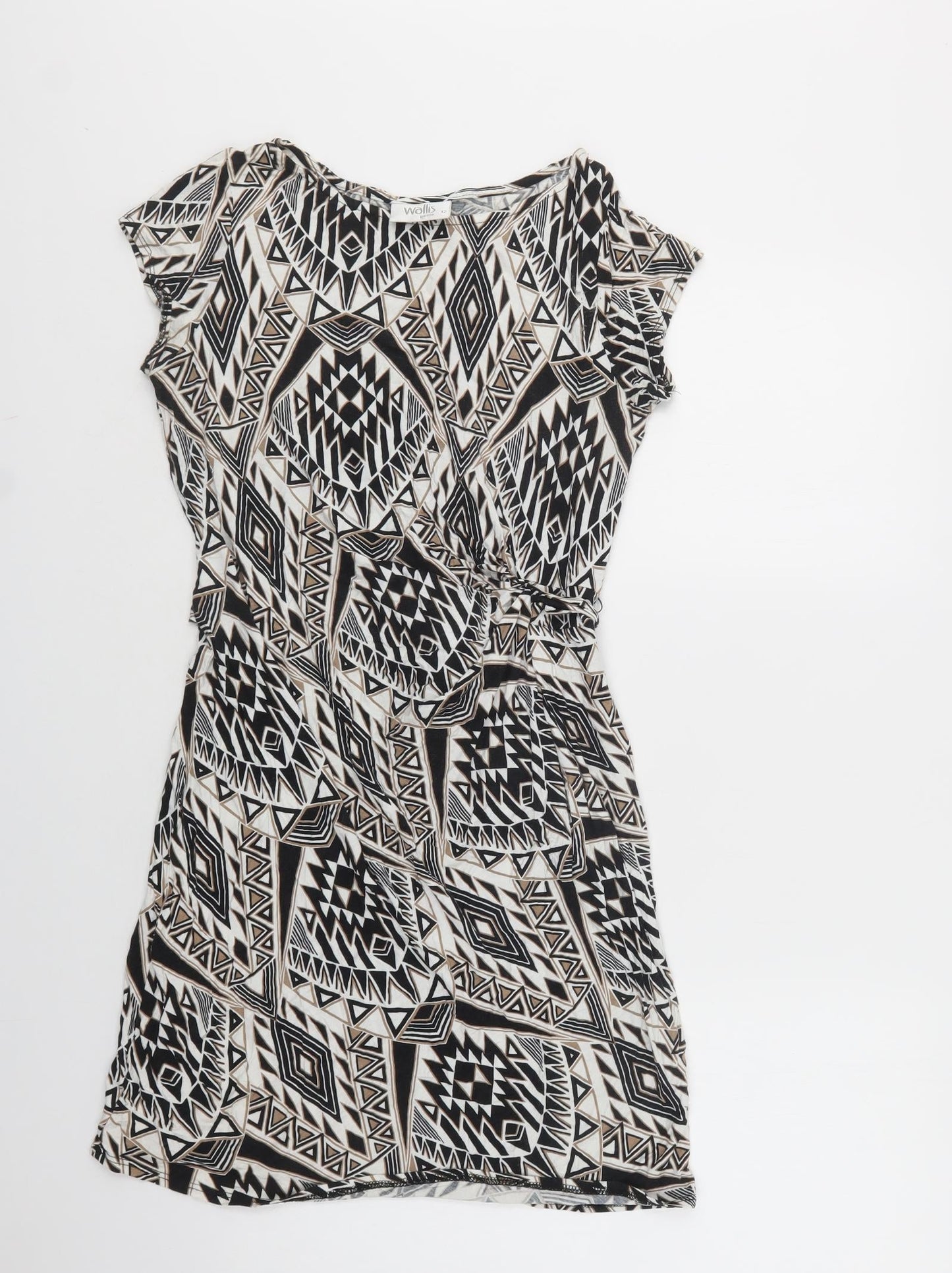Wallis Womens Black Geometric Viscose Bodycon  Size 12  Crew Neck