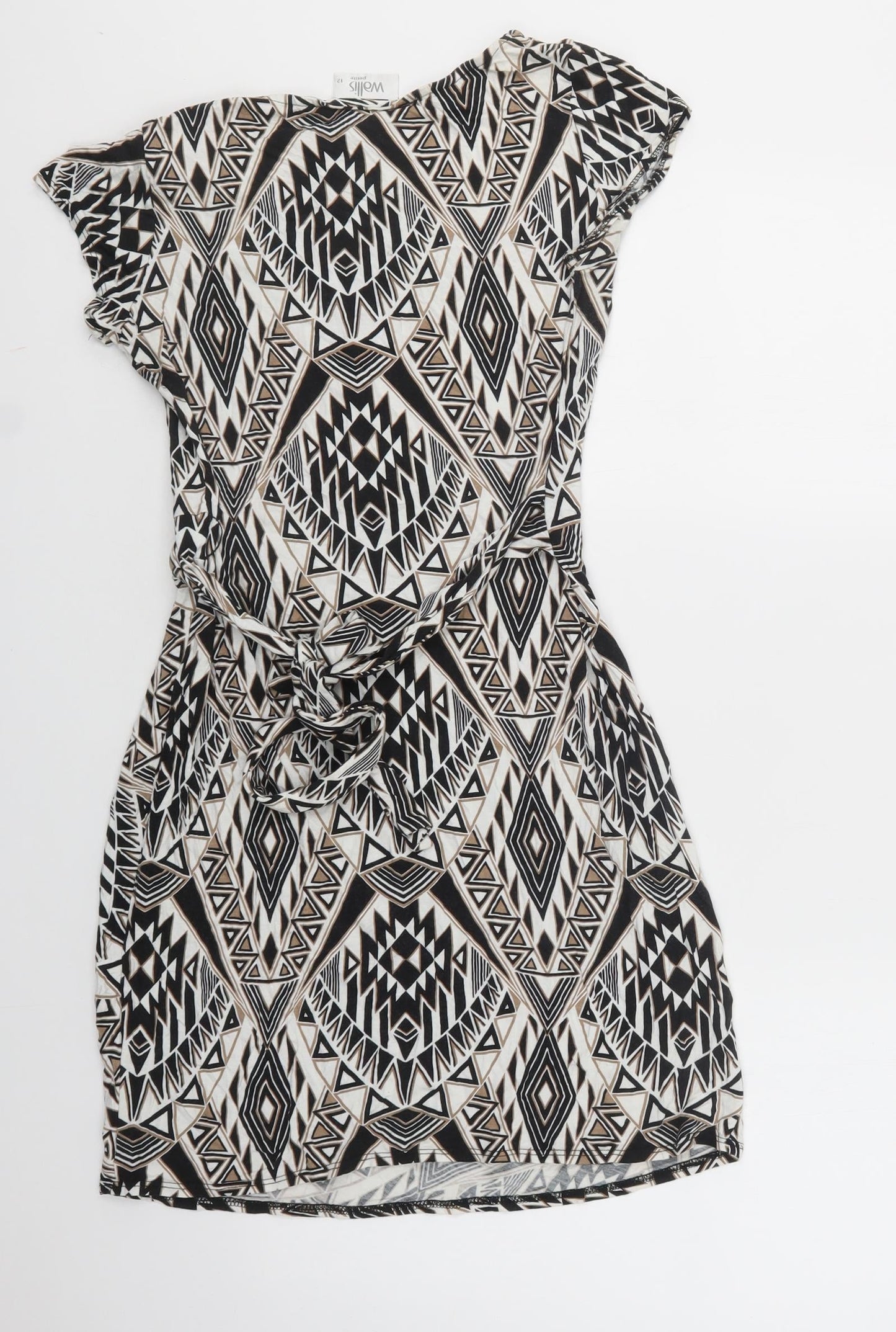 Wallis Womens Black Geometric Viscose Bodycon  Size 12  Crew Neck