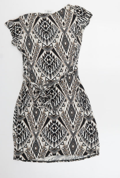 Wallis Womens Black Geometric Viscose Bodycon  Size 12  Crew Neck