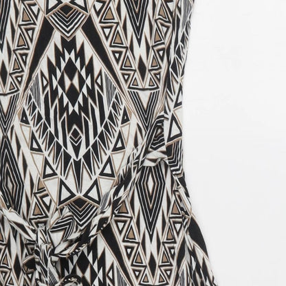 Wallis Womens Black Geometric Viscose Bodycon  Size 12  Crew Neck