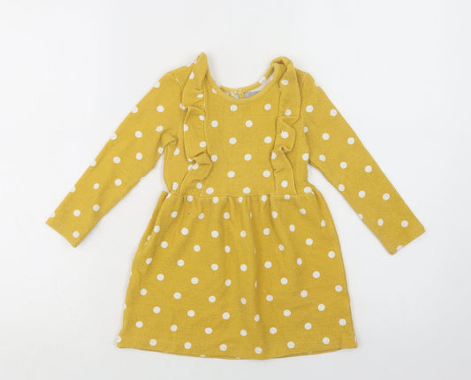 Primark Girls Yellow Polka Dot Cotton Fit & Flare  Size 2-3 Years  Crew Neck