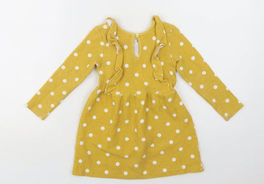 Primark Girls Yellow Polka Dot Cotton Fit & Flare  Size 2-3 Years  Crew Neck