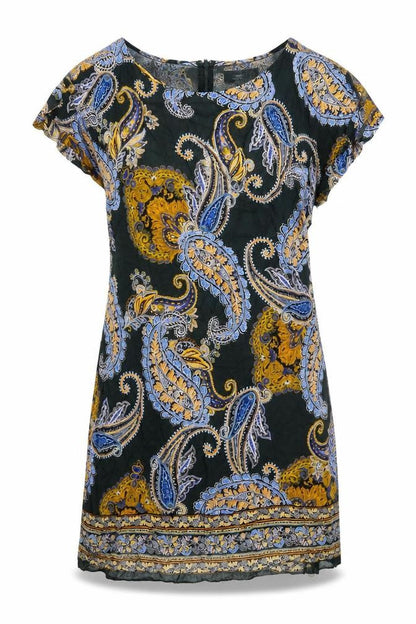 Front view of Dorothy Perkins women’s multicoloured paisley viscose mini, size UK 8, round neck zip