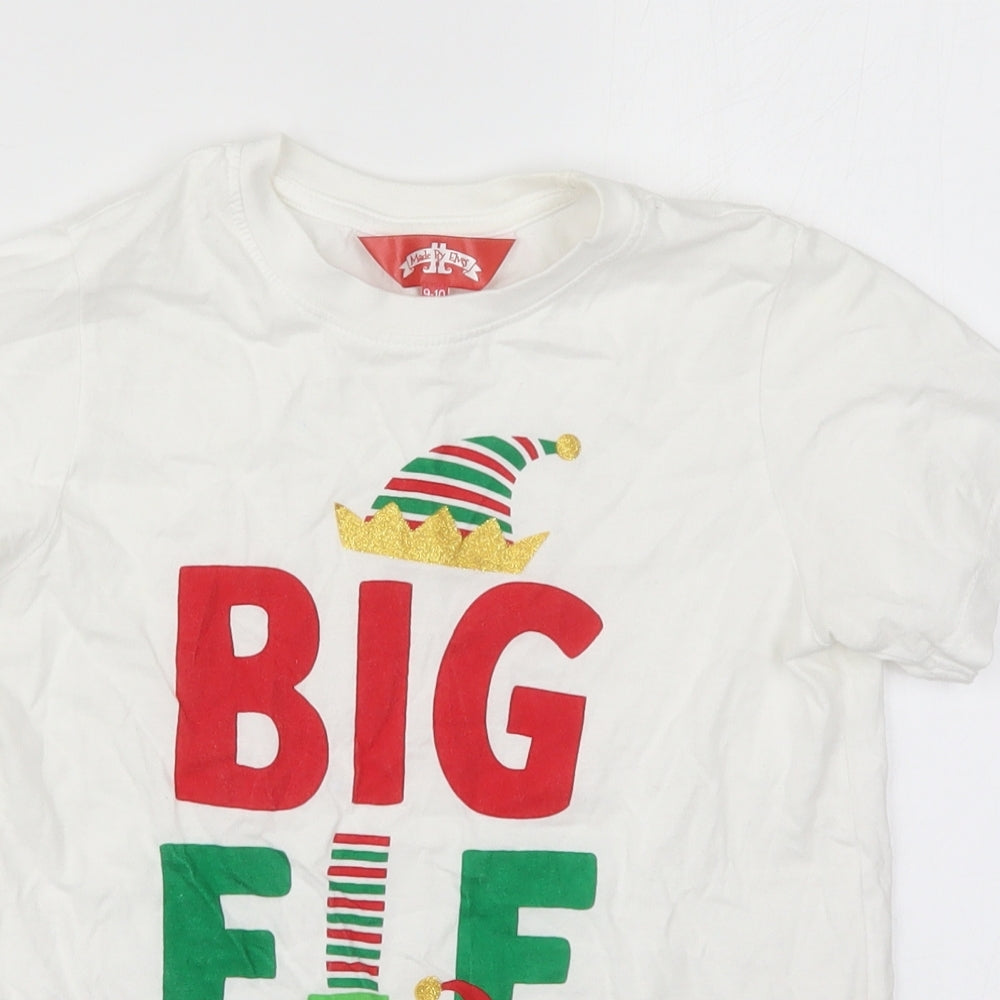 Made By Elves Boys White  Cotton Basic T-Shirt Size 9-10 Years Crew Neck Pullover - Big Elf