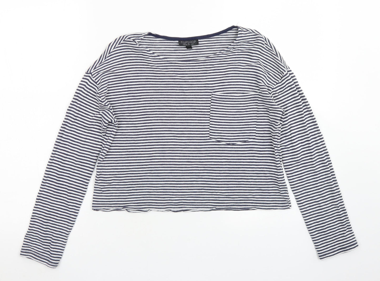 Topshop Womens Blue Striped Viscose Cropped T-Shirt Size 6 Crew Neck - Chest Pocket
