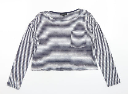Topshop Womens Blue Striped Viscose Cropped T-Shirt Size 6 Crew Neck - Chest Pocket