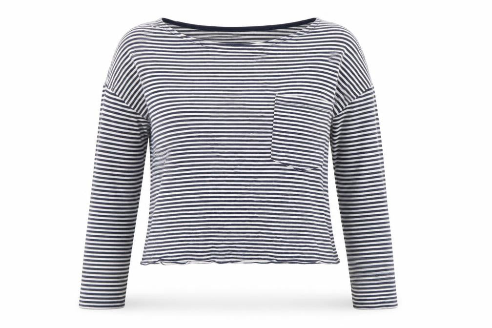 Front view of Topshop women’s blue striped viscose cropped t-shirt, size UK 6, crew neck - chest pocket
