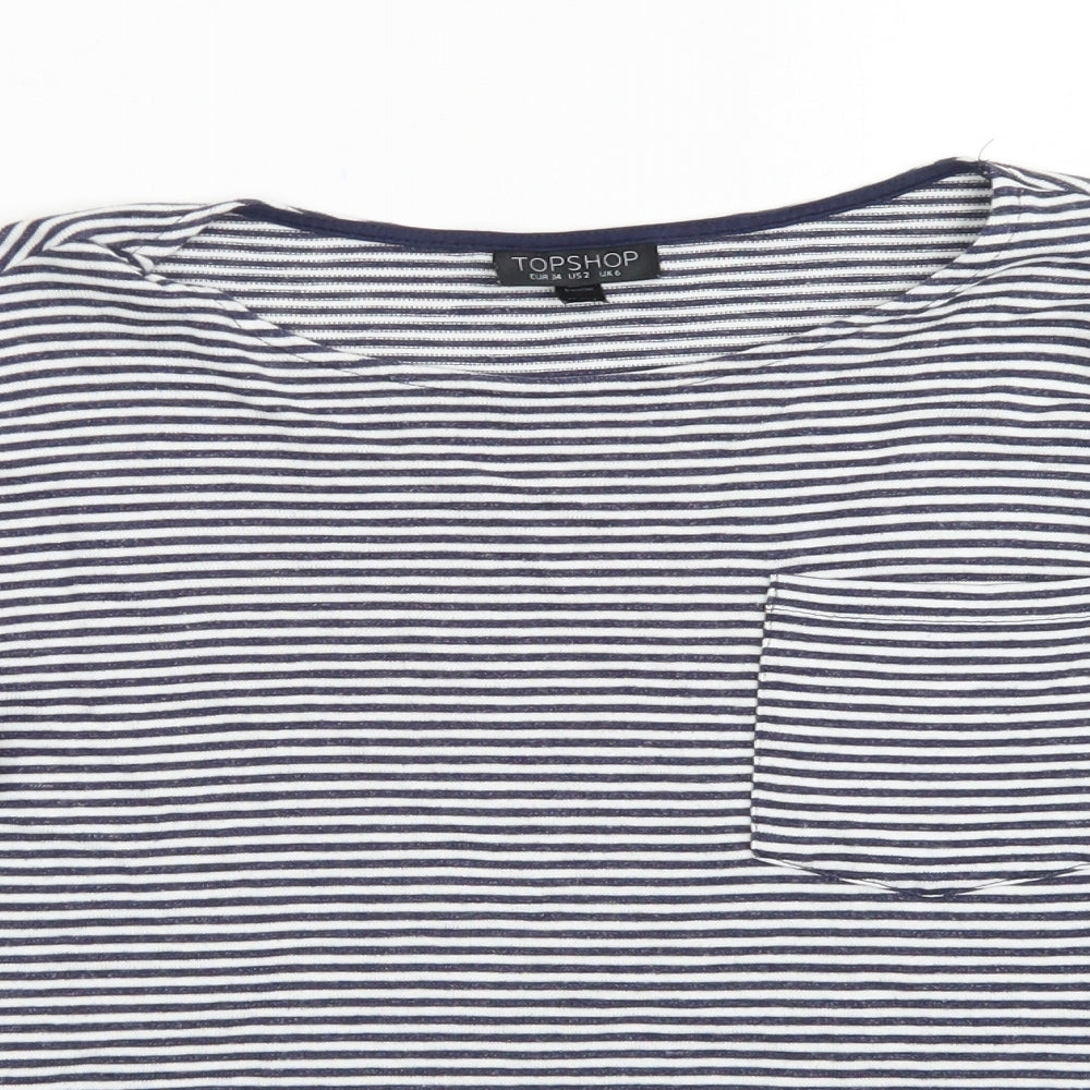 Topshop Womens Blue Striped Viscose Cropped T-Shirt Size 6 Crew Neck - Chest Pocket
