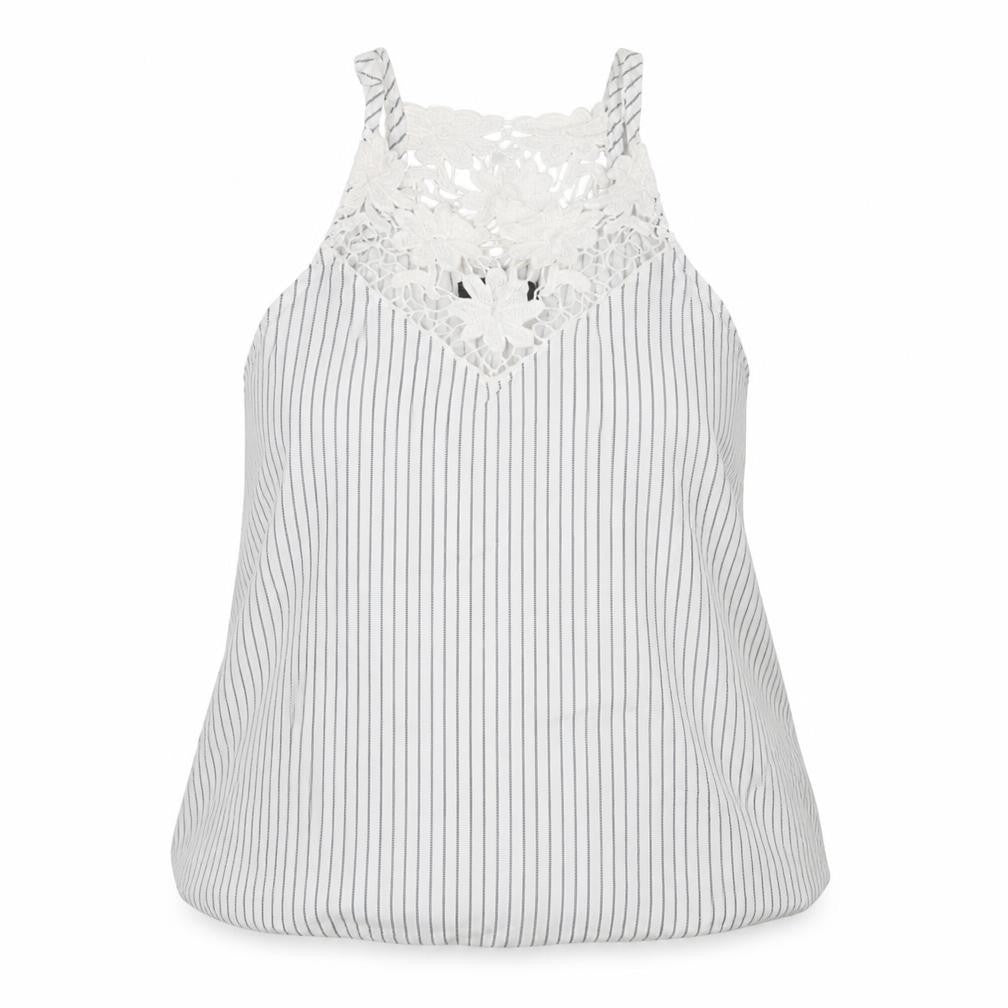 Front view of New Look women’s white striped viscose camisole blouse, size UK 8, square neck