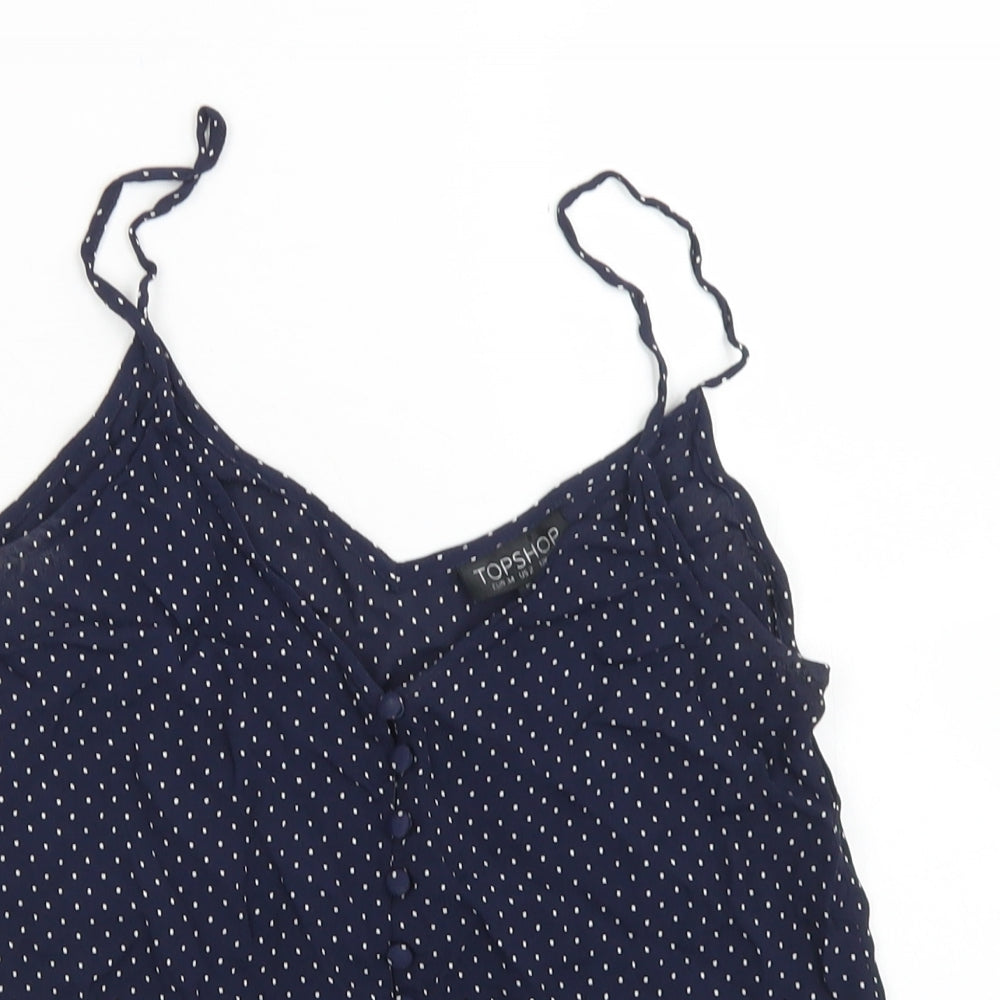 Topshop Womens Blue Polka Dot Viscose Camisole Blouse Size 6 Round Neck
