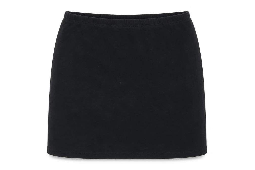 Front view of Internacionale women’s black cotton a-line skirt, size UK 12