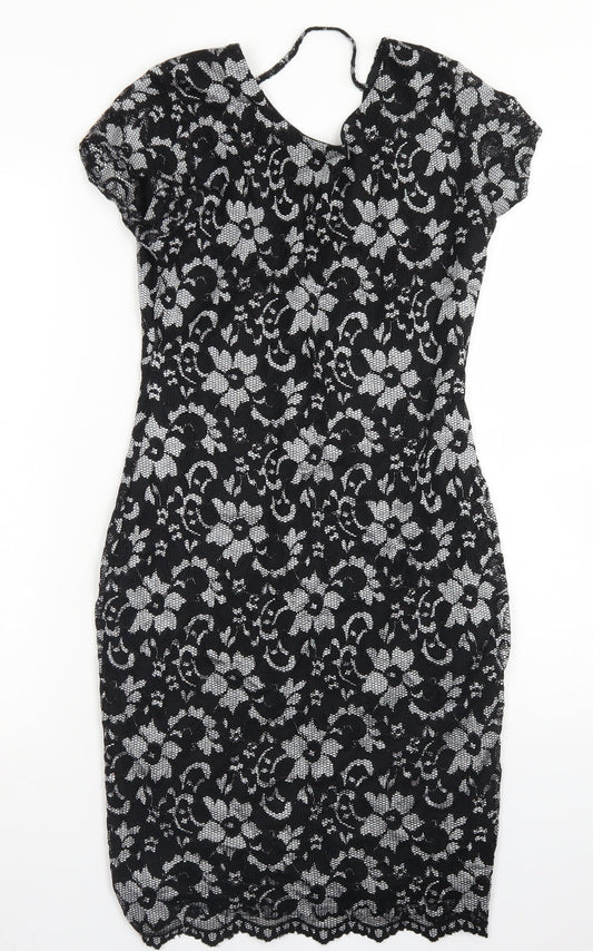 Quiz Womens Black Floral Nylon Bodycon  Size 12  Round Neck