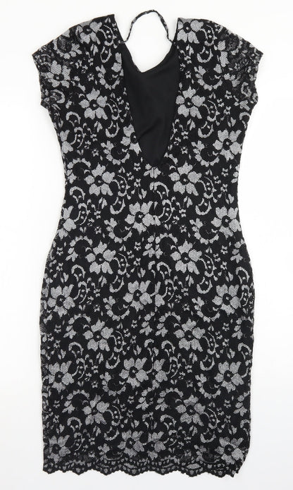 Quiz Womens Black Floral Nylon Bodycon  Size 12  Round Neck