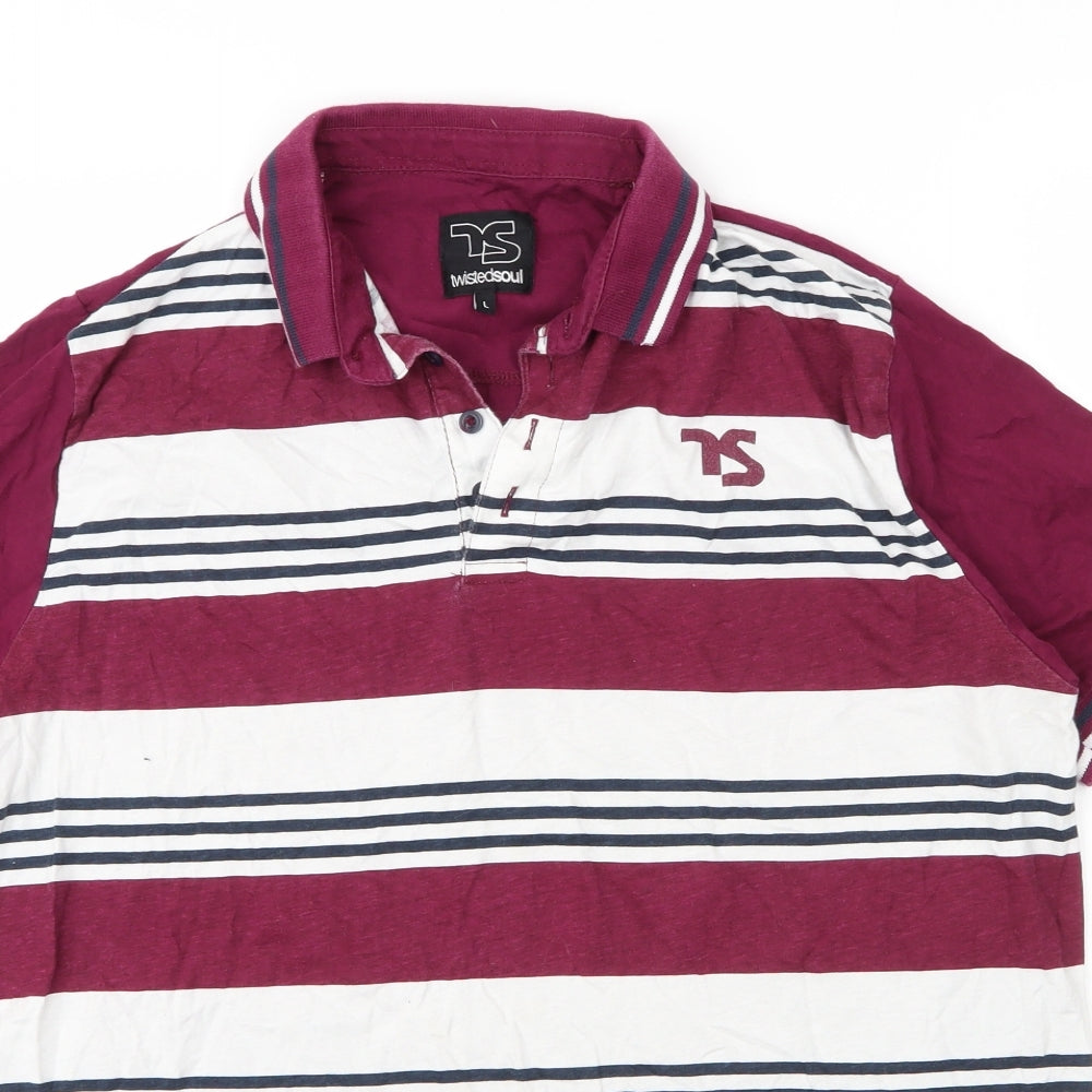 Twisted Soul Mens Purple Striped Cotton  Polo Size L Collared Button
