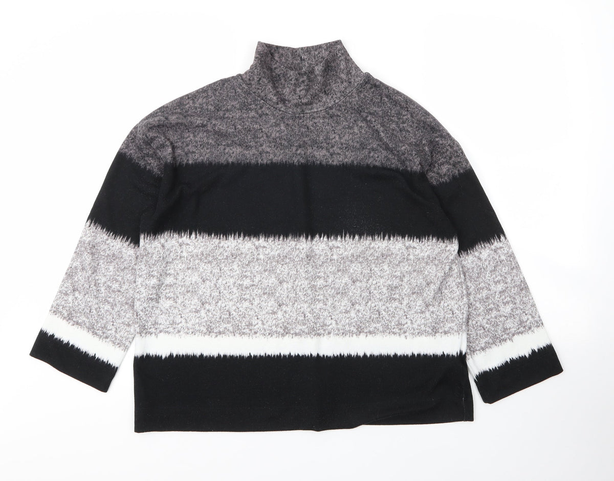 Front view of Debenhams women’s grey mock neck striped polyester jumper, size UK 12