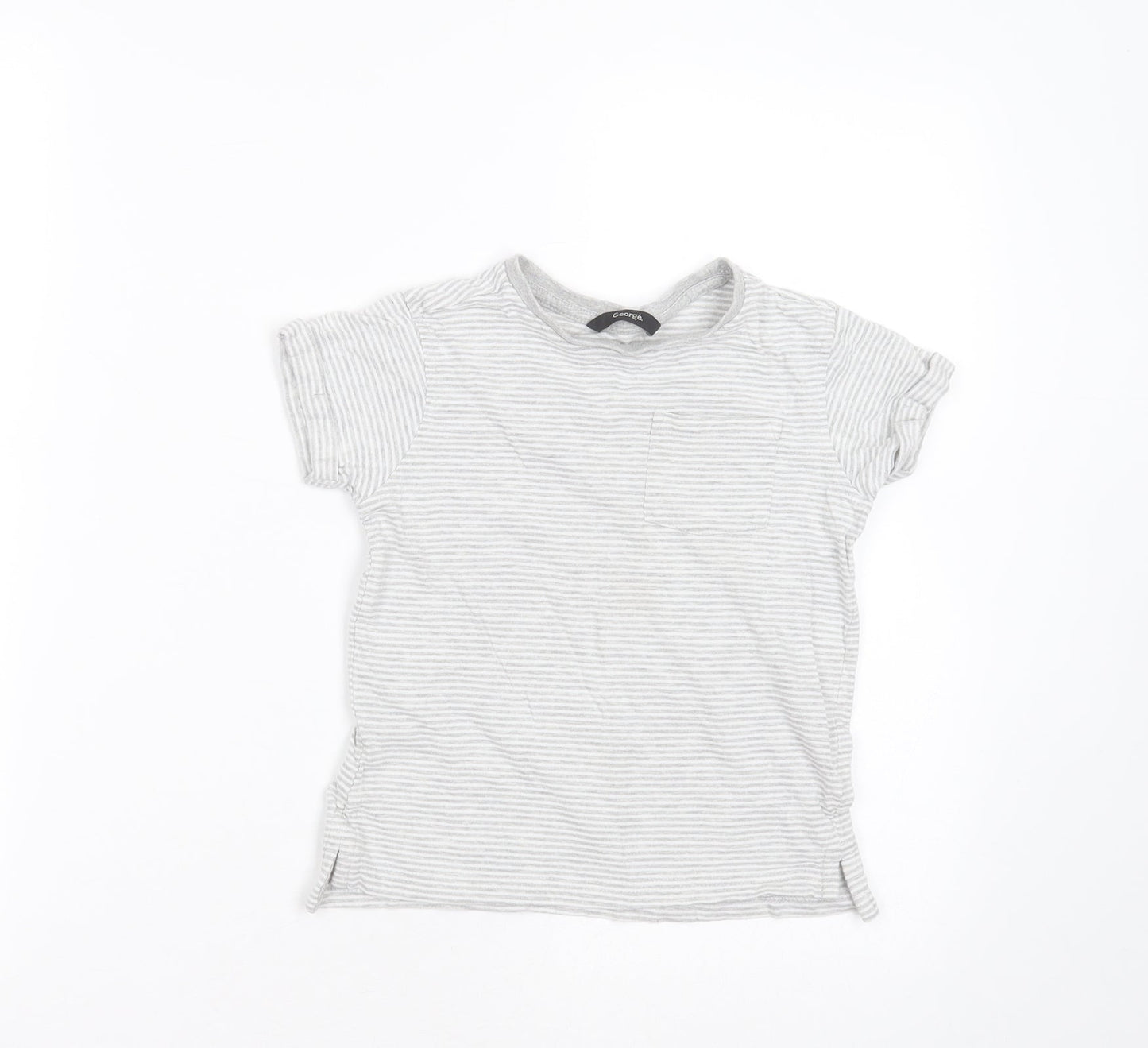 George Boys Grey Striped Cotton Basic T-Shirt Size 5-6 Years Round Neck