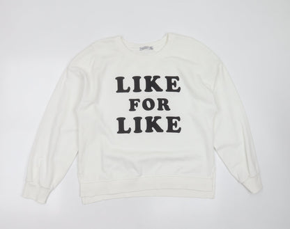 Bershka Womens White  Cotton Blend Pullover Sweatshirt Size L   - like for like