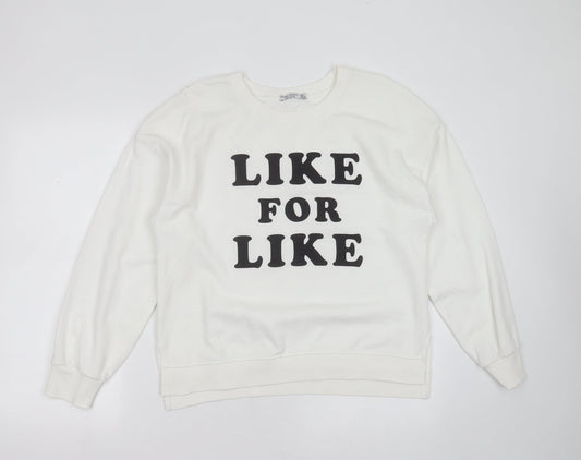 Bershka Womens White  Cotton Blend Pullover Sweatshirt Size L   - like for like
