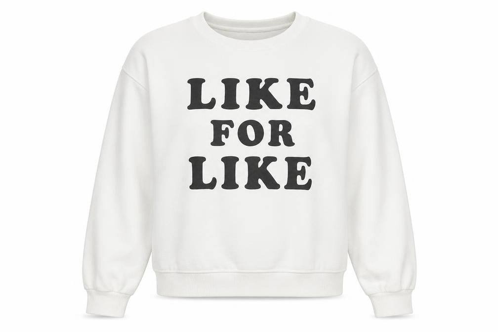 Front view of Bershka women’s white cotton blend pullover sweatshirt, size L, - like for like