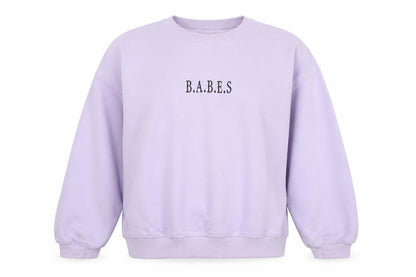 Front view of Divided by H&M women’s purple cotton pullover sweatshirt, size L, - babes