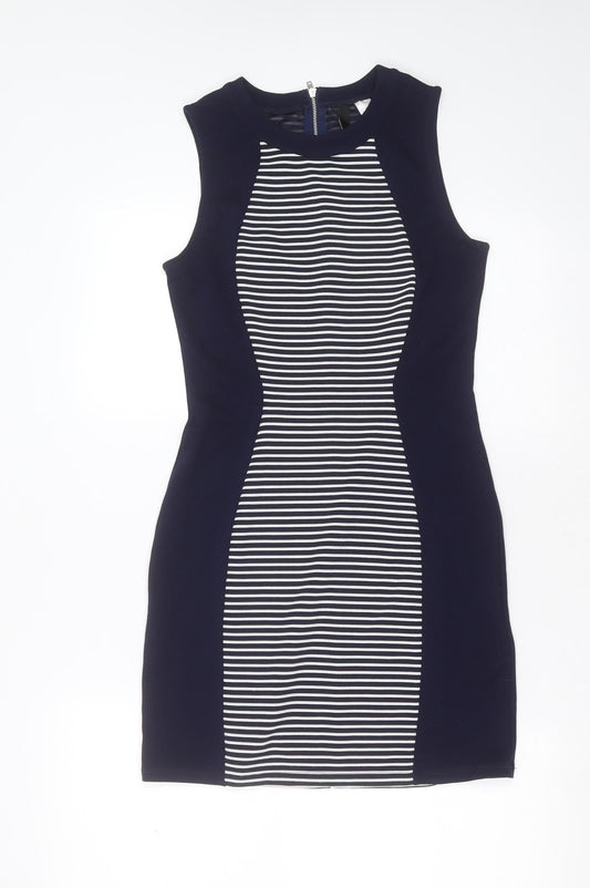 Divided by H&M Womens Blue Striped Polyester Mini  Size 10  Round Neck