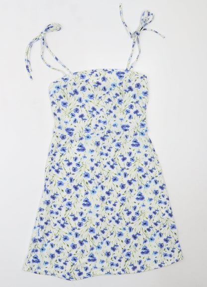 Boohoo Womens White Floral Polyester Mini  Size 10  Round Neck