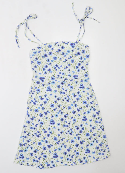 Boohoo Womens White Floral Polyester Mini  Size 10  Round Neck