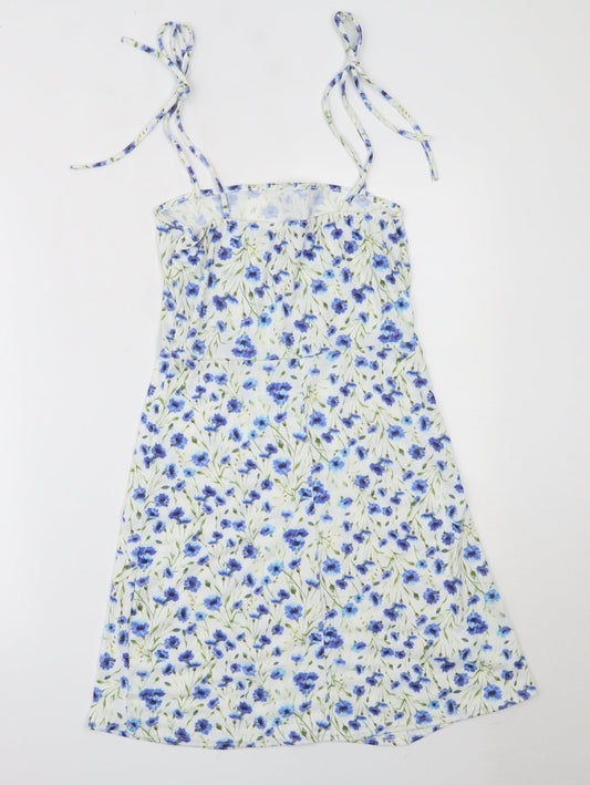 Boohoo Womens White Floral Polyester Mini  Size 10  Round Neck