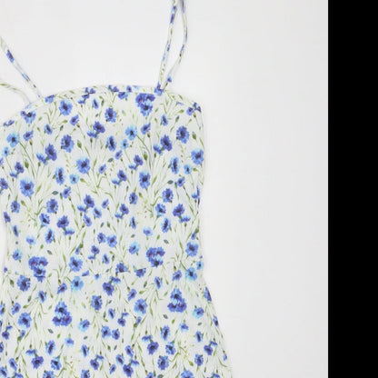 Boohoo Womens White Floral Polyester Mini  Size 10  Round Neck