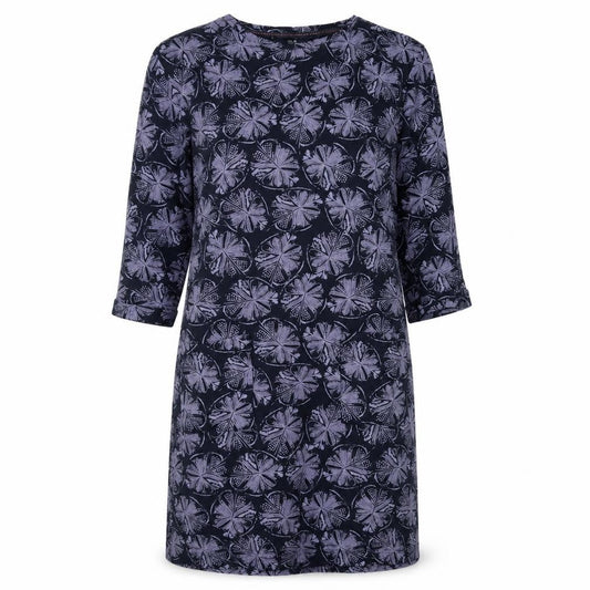 Front view of EWM women’s blue cotton shift, size UK 14, round neck