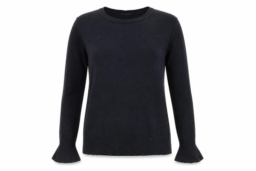Front view of Dorothy Perkins women’s blue round neck acrylic jumper, size UK 10