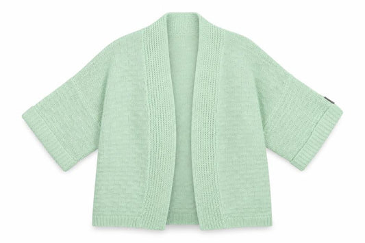 Front view of Marble women’s green v-neck acrylic cardigan jumper, size UK 4