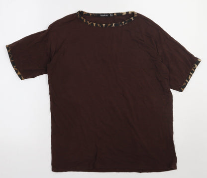 Boohoo Womens Brown Animal Print Viscose Basic T-Shirt Size 10 Crew Neck