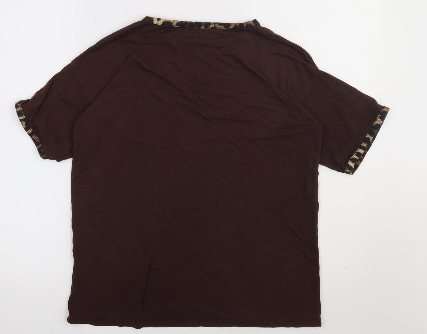 Boohoo Womens Brown Animal Print Viscose Basic T-Shirt Size 10 Crew Neck