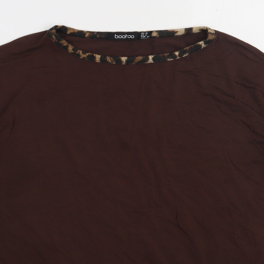 Boohoo Womens Brown Animal Print Viscose Basic T-Shirt Size 10 Crew Neck