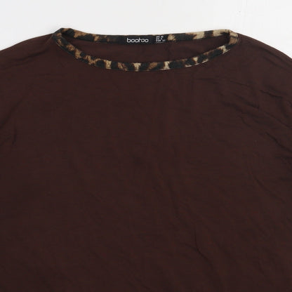 Boohoo Womens Brown Animal Print Viscose Basic T-Shirt Size 10 Crew Neck
