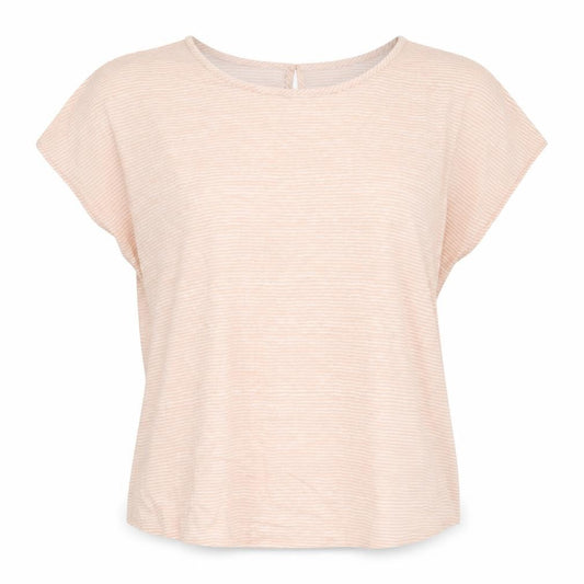 Front view of Soyaconcept women’s pink striped basic blouse, size M, round neck