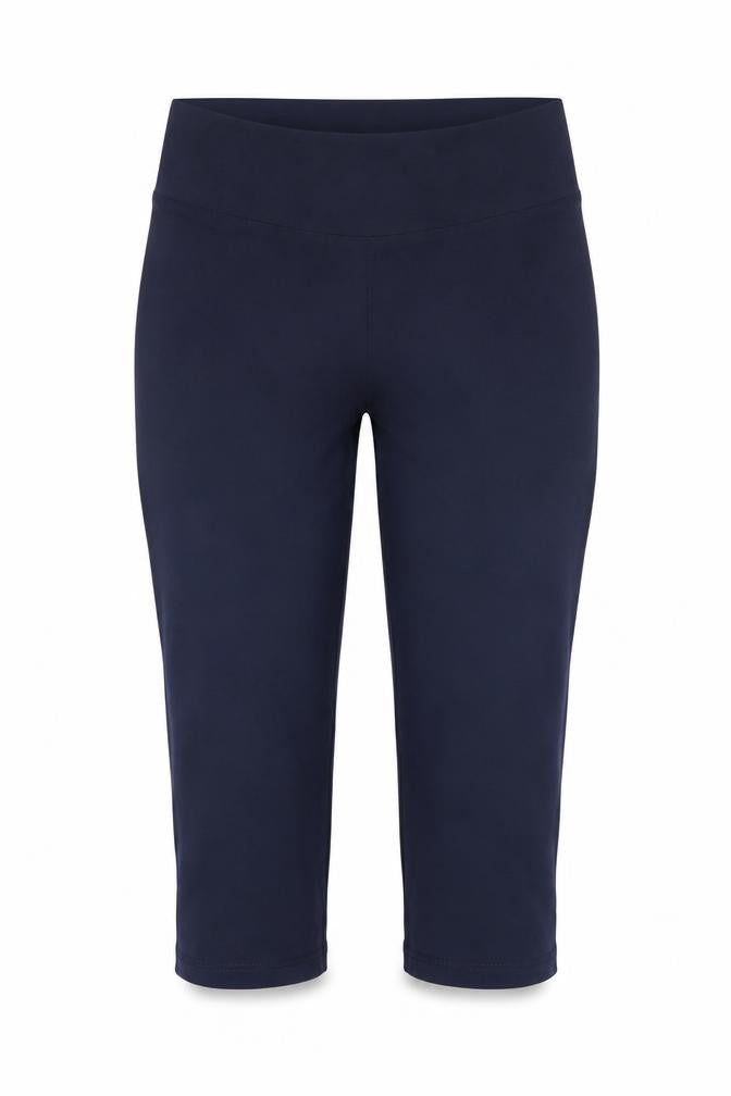 Front view of Marks & Spencer women’s blue viscose chino leggings, size UK 10, 21-inch leg