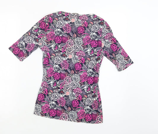 M&S Womens Purple Floral Cotton Basic Blouse Size 8 Scoop Neck