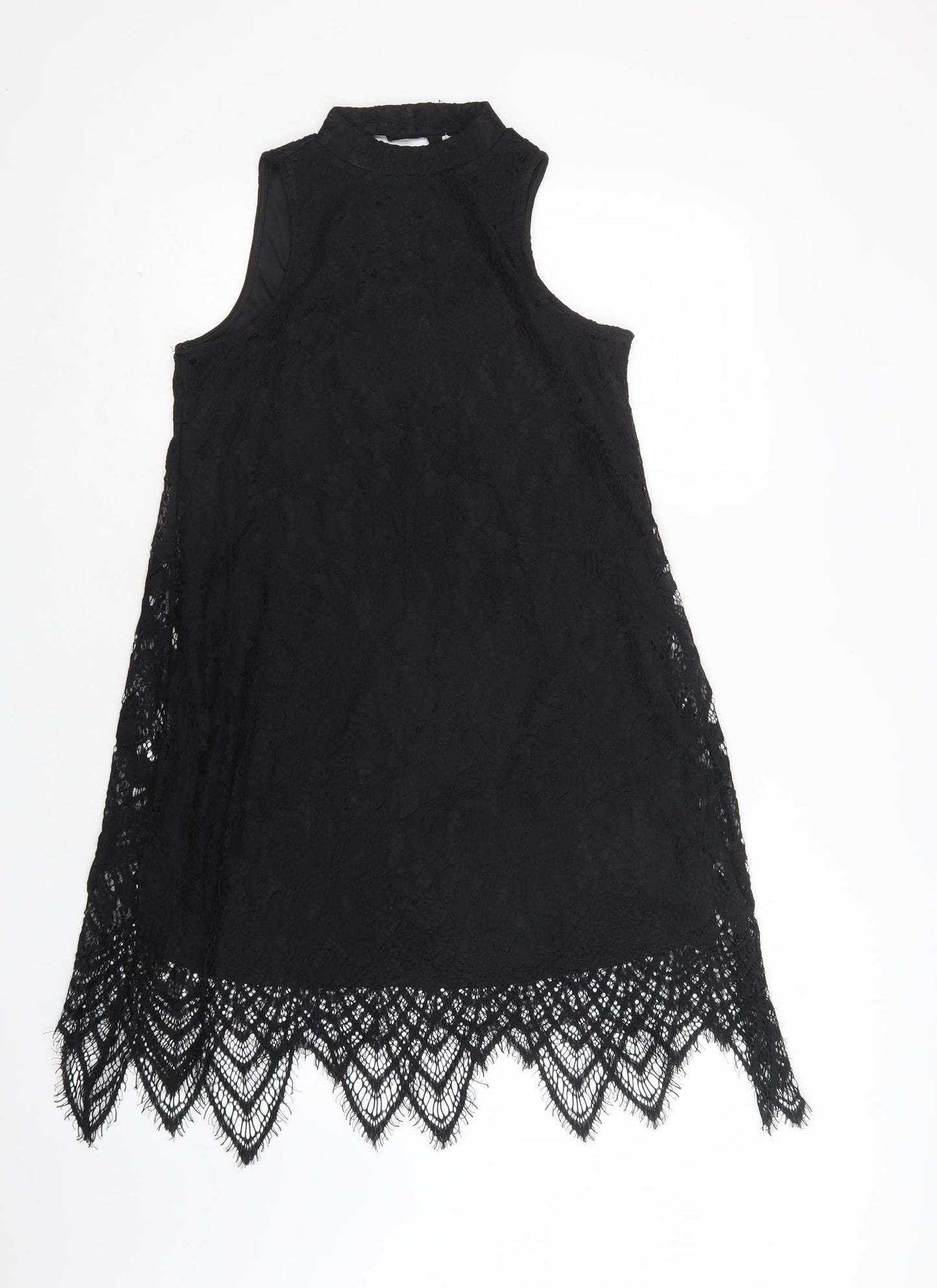 Love Fire Womens Black  Nylon Shift  Size XS  Mock Neck Button - Lace Overlay