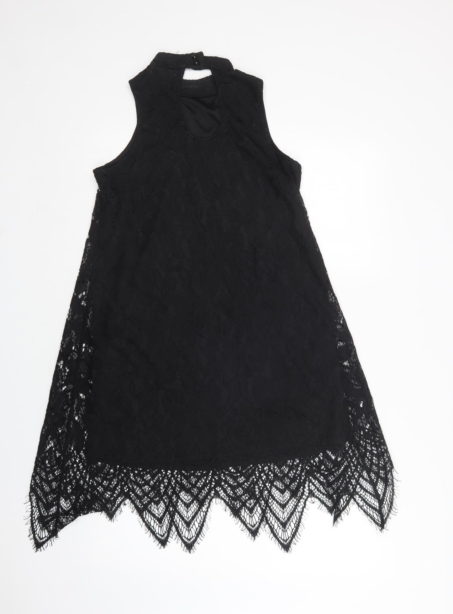 Love Fire Womens Black  Nylon Shift  Size XS  Mock Neck Button - Lace Overlay